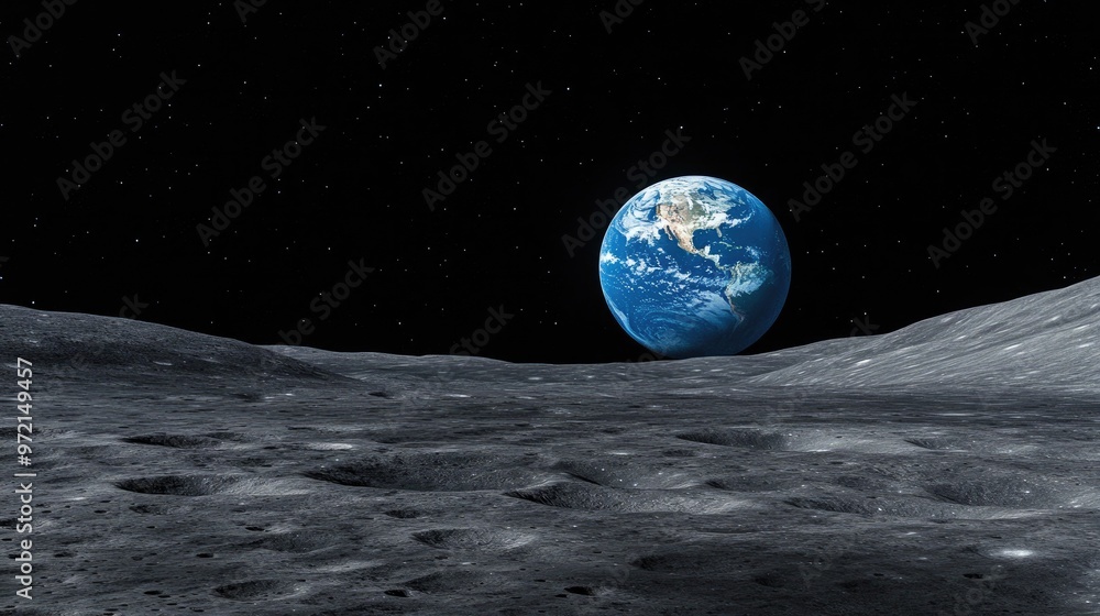 A view of Earth from the surface of the moon, with a starry sky in the background. A view of Earth from the surface of the moon, with a starry sky in the background.