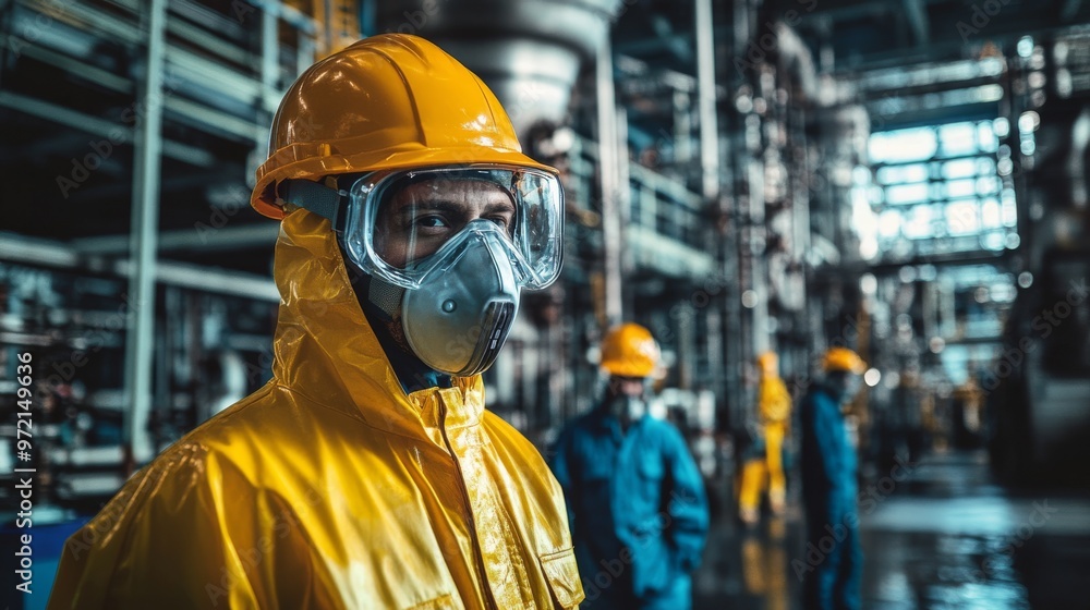 Close-up of an oil refinery safety worker in protective gear ensuring operational safety compliance. Close-up of an oil refinery safety worker in protective gear ensuring operational safety compliance.