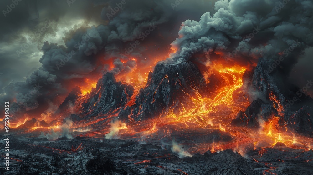 A fiery volcanic eruption with smoke and lava flowing down the mountainside. A fiery volcanic eruption with smoke and lava flowing down the mountainside.