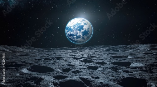 A view of Earth from the moon's surface, with craters and a starry sky in the background. photo