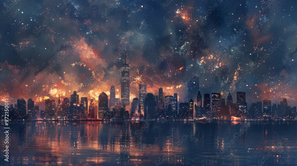 A futuristic cityscape engulfed in a fiery, apocalyptic sky with a reflection in the water below. A futuristic cityscape engulfed in a fiery, apocalyptic sky with a reflection in the water below.
