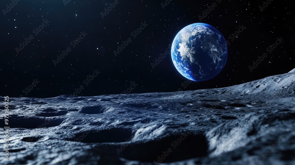 A view of Earth from the surface of the Moon, with the planet hanging in the night sky. A view of Earth from the surface of the Moon, with the planet hanging in the night sky.