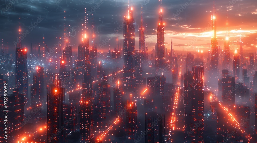 Fototapeta premium A futuristic cityscape bathed in warm, orange light at sunset. The towering buildings are illuminated with glowing windows and lights, creating a vibrant and dynamic scene.