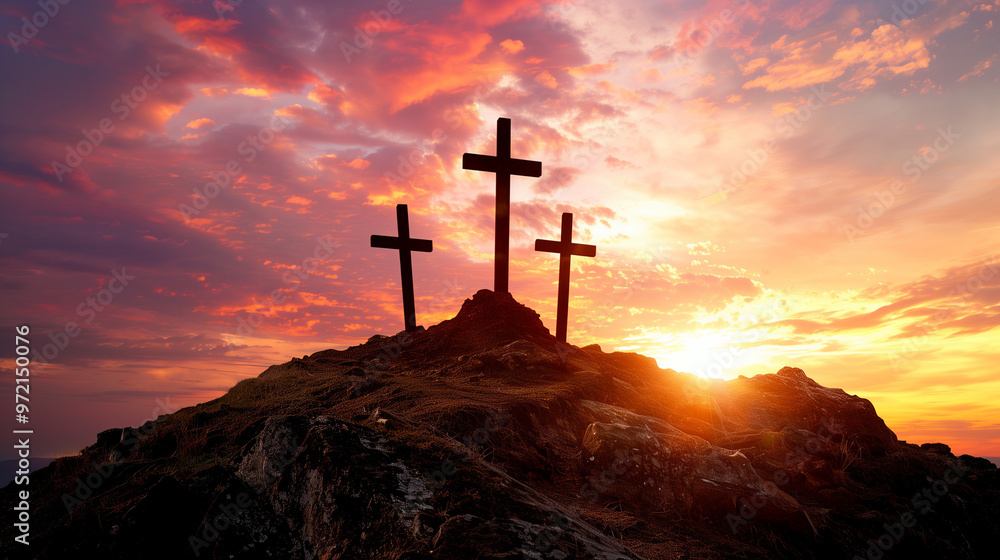 Three crosses on a hill against a vibrant sunset. Three crosses on a hill against a vibrant sunset.