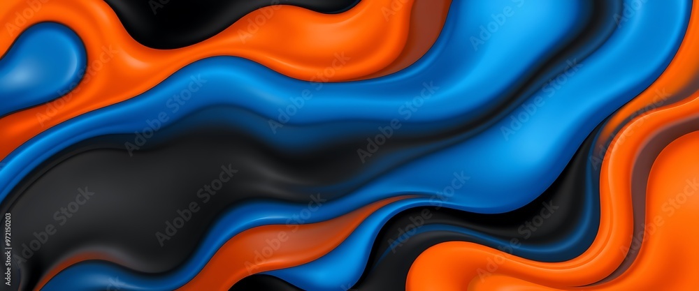 Abstract waves of blue, orange, and black fluid shapes create a dynamic visual texture in modern art style Abstract waves of blue, orange, and black fluid shapes create a dynamic visual texture in modern art style