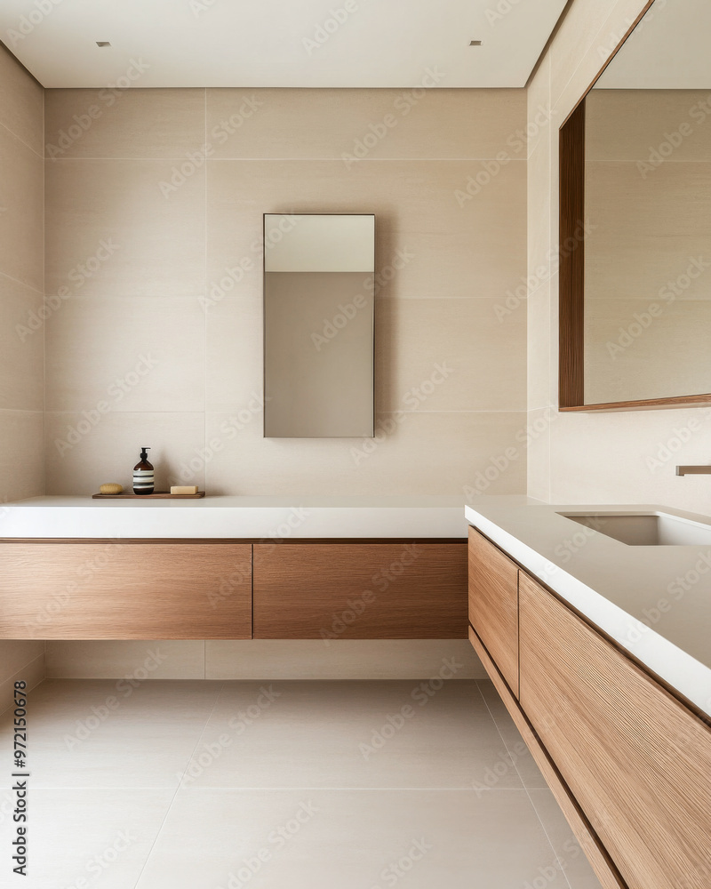 Elegant minimalist bathroom interiors in bright tones with clean lines. Elegant minimalist bathroom interiors in bright tones with clean lines.