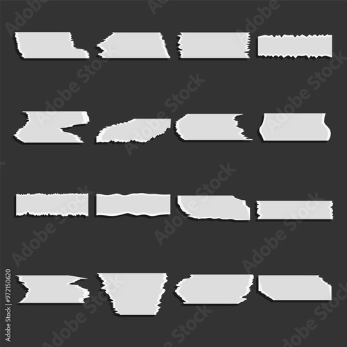Piece of torn paper, realistic pieces of torn paper isolated on black background. Vector, designer illustration.