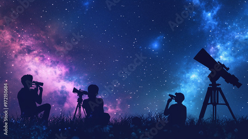 Night sky filled with stars and planets, silhouettes of people stargazing with telescopes in an open field, cool tones of blues and purples, glowing celestial bodies, vast and awe-inspiring atmosphere