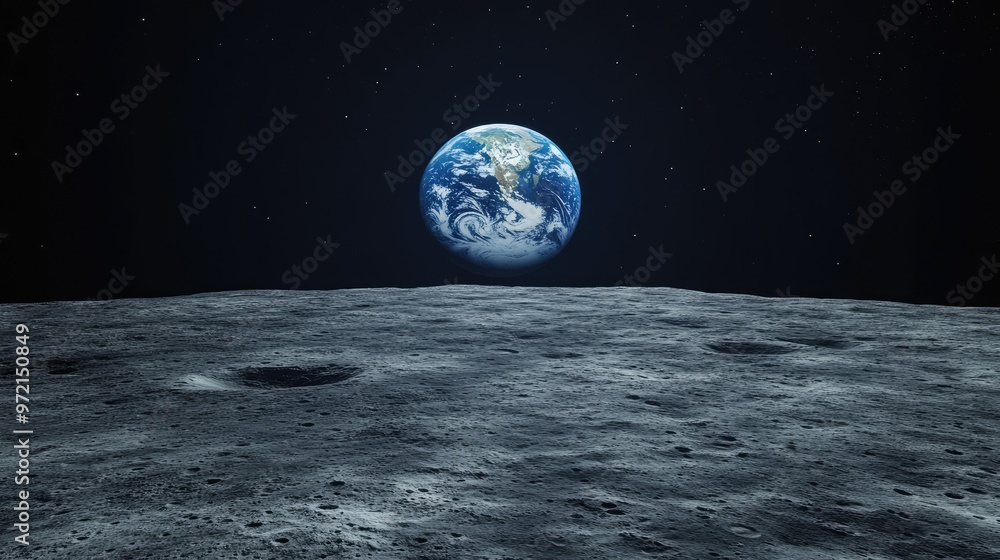 A stunning view of Earth from the moon's surface, showcasing the planet's vibrant blue oceans and continents against the backdrop of the starry night sky. A stunning view of Earth from the moon's surface, showcasing the planet's vibrant blue oceans and continents against the backdrop of the starry night sky.