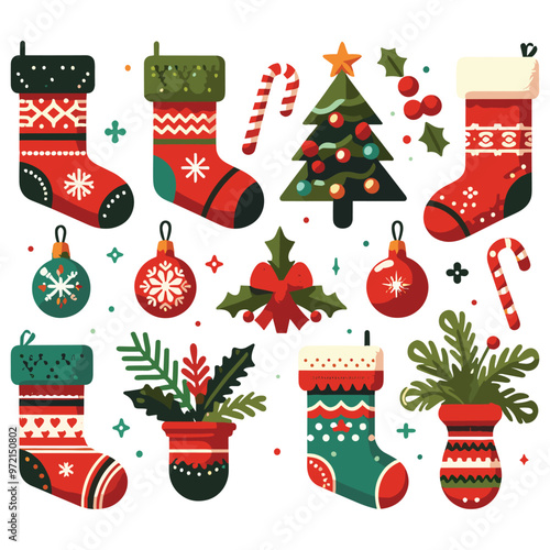Christmas decorations vector illustration in red and green, festive elements isolated on white