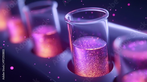 Glowing Test Tubes with Purple and Orange Liquid in a Laboratory Setting, Abstract Science Background with Bokeh Effect, Futuristic Scientific Research Concept, High-Resolution Stock Photo