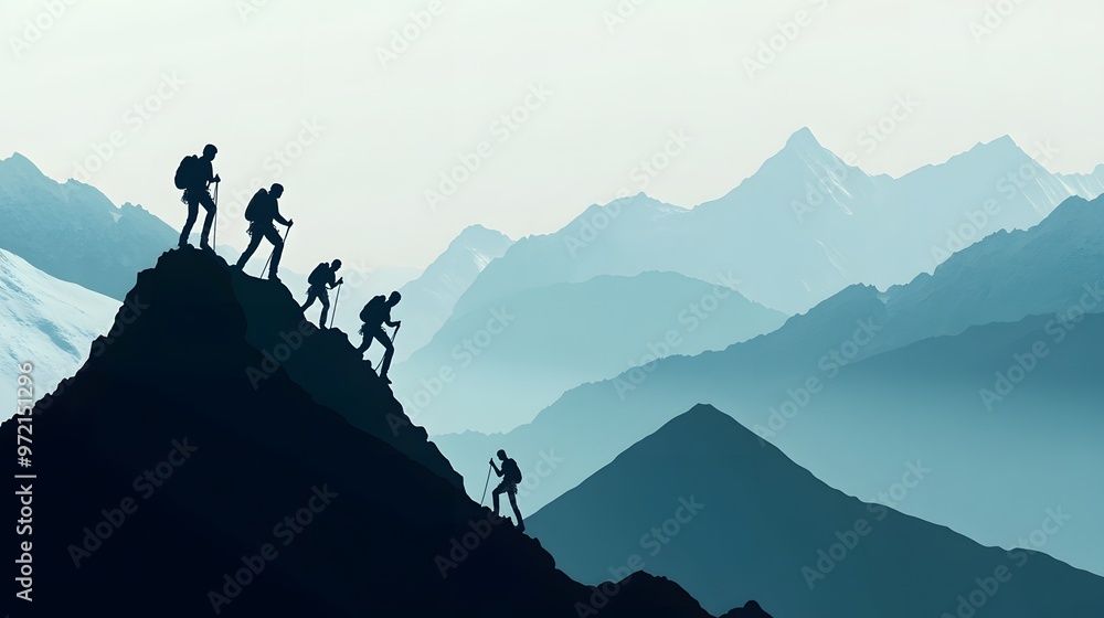 Silhouette of Hikers Ascending a Mountain Range Silhouette of Hikers Ascending a Mountain Range