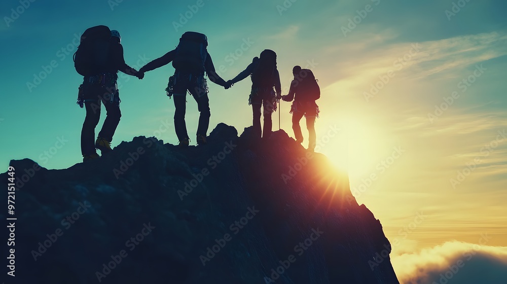Fototapeta premium Silhouettes of Four Climbers Reaching a Mountain Peak at Sunset