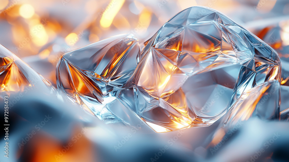 Close-up of a faceted crystal reflecting orange light. Close-up of a faceted crystal reflecting orange light.