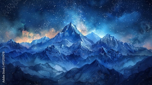 A majestic mountain range silhouetted against a breathtaking starry night sky. The scene is painted in shades of blue and purple, creating a sense of wonder and tranquility.