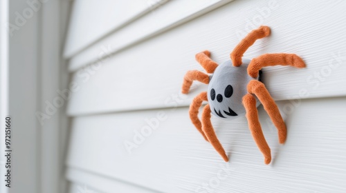 Close-Up of a Cute Plush Spider Toy with Orange Legs Attached to a White Wooden Wall, Perfect for Halloween Decorations and Children's Playtime photo