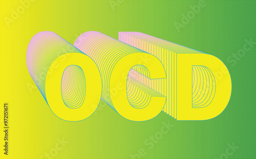 Colorful OCD Typographic Illustration with Repeated Outline Creating a 3D Effect, Green Background. Obsessive-compulsive disorder concept.