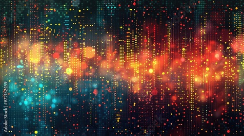 Parts of program code of abstract digital data technology concept background. Abstract technology colors hexagon wave with motion dots and lines.