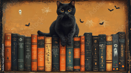 A black cat sits on a bookshelf filled with vintage books, set against an autumn-themed background.