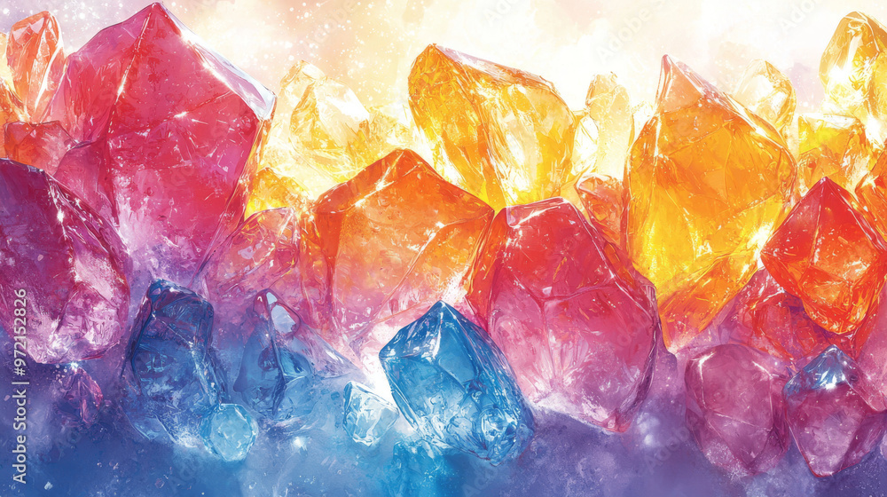A cluster of colorful crystals shine brightly. A cluster of colorful crystals shine brightly.