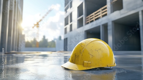 A yellow hard hat rests on a wet construction site, symbolizing safety in the industry.