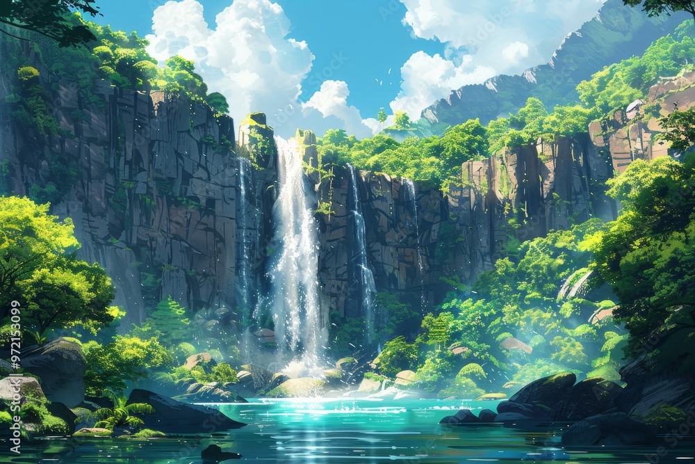 A serene waterfall cascades down a rocky cliff face into a clear blue pool surrounded by lush greenery. A serene waterfall cascades down a rocky cliff face into a clear blue pool surrounded by lush greenery.