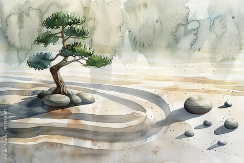 A serene watercolor painting of a zen garden with a lone tree, stones, and raked sand. photo