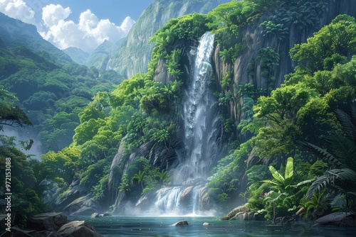 A serene waterfall cascades down a lush green cliff, surrounded by vibrant foliage and a tranquil pool.