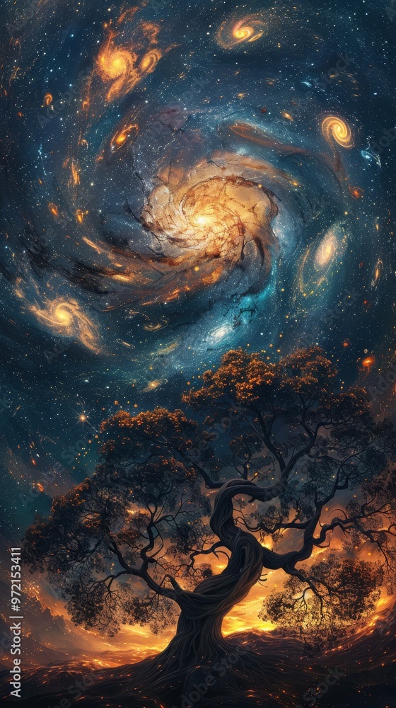 Naklejka premium A solitary tree stands against a swirling, colorful night sky filled with stars and galaxies.