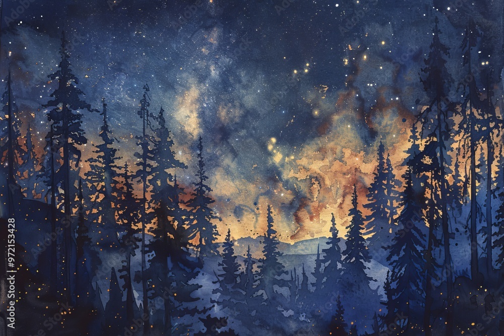 Naklejka premium A starry night sky glows with vibrant colors above a silhouette of a forest, creating a mesmerizing and awe-inspiring scene.