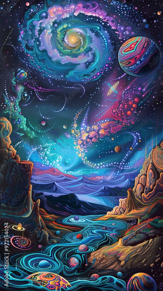 Fototapeta premium A vibrant and surreal landscape with a swirling galaxy, celestial bodies, and a flowing river.