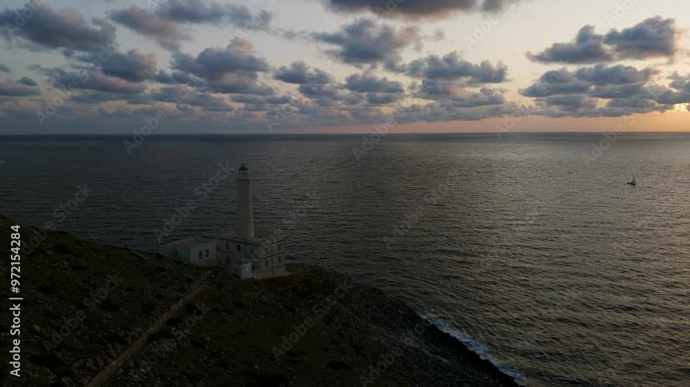 Lighthouse Punta Palascìa In Capo d'Otranto, Province of Lecce, Puglia Italy During Sunset. Aerial Wide Shot Lighthouse Punta Palascìa In Capo d'Otranto, Province of Lecce, Puglia Italy During Sunset. Aerial Wide Shot