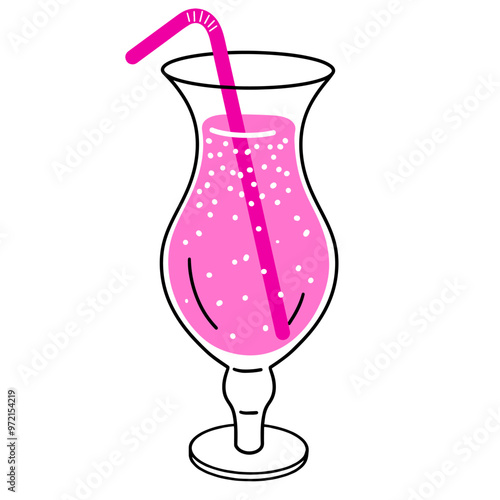 Glass of pink cocktail with straw isolated on white background. Linear summer drink for menu, bar. Ice alcoholic drink