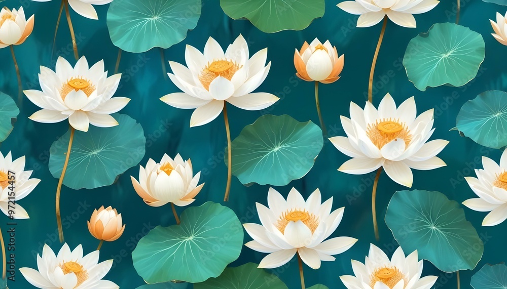 Seamless pattern with white tropical flowers and leaves on a turquoise blue background Seamless pattern with white tropical flowers and leaves on a turquoise blue background