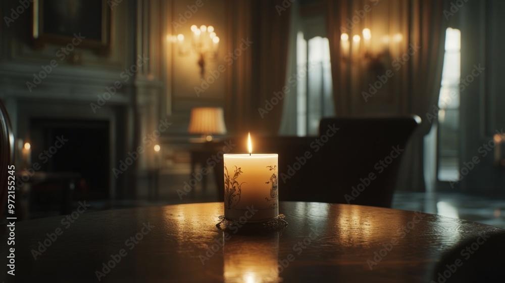 A softly lit candle on a table in an elegantly decorated room. A softly lit candle on a table in an elegantly decorated room.