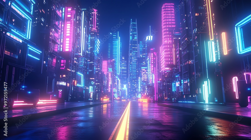 Naklejka premium Futuristic cyberpunk city at night, with neon lights illuminating the streets and skyscrapers.