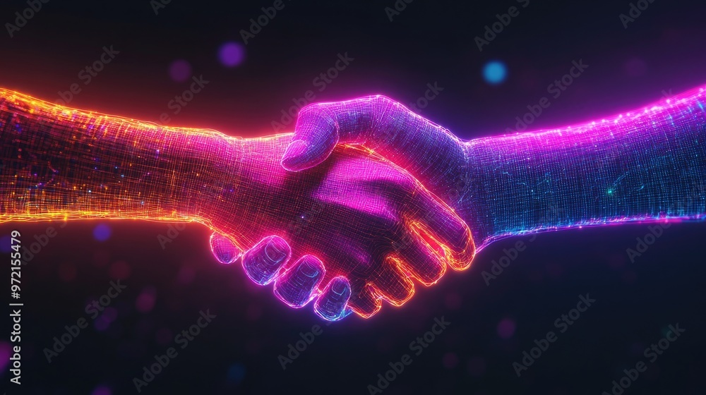 Two glowing digital hands shaking hands, representing a futuristic partnership or agreement. Two glowing digital hands shaking hands, representing a futuristic partnership or agreement.