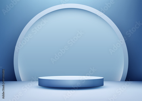minimalist 3D blue podium stage with circular arch clean backdrop for product display mockup showcase exhibition elegant modern style
