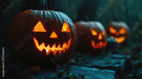 Three carved pumpkins with glowing faces are arranged on a path in a dark forest.