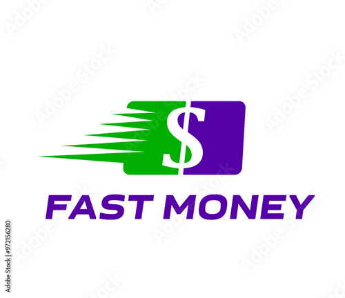 Fast money digital transfer icon. Quick cash exchange, pay and credit. Vector emblem with dollar symbol and speed lines. Financial transaction sign for fintech company, financial app or digital wallet