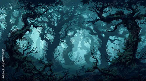 Dark and mysterious forest with tall, gnarled trees and a dense fog.