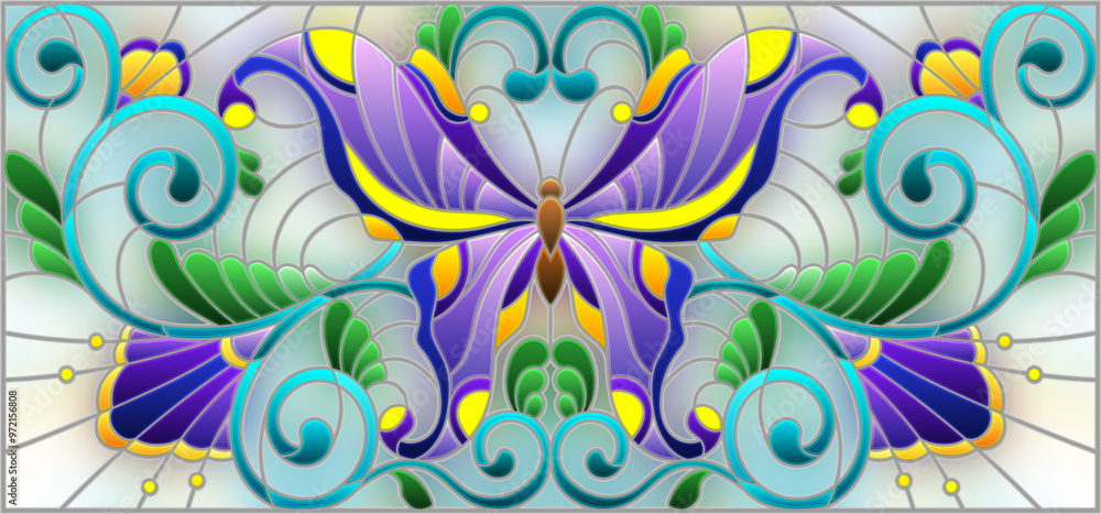 Illustration in stained glass style with bright butterfly and floral ornament on a light background Illustration in stained glass style with bright butterfly and floral ornament on a light background