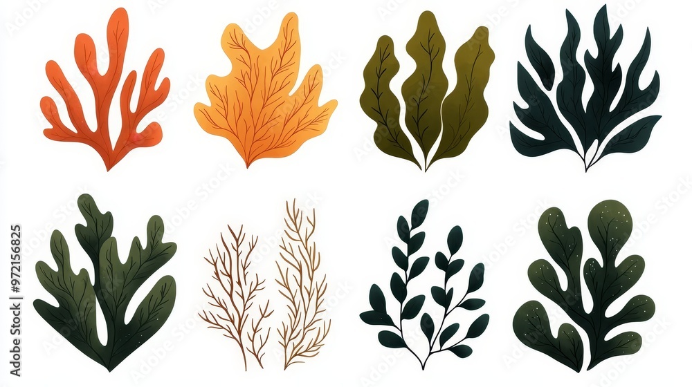 A vibrant collection of various leaves and coral shapes in shades of green, orange, and brown for creative design projects. A vibrant collection of various leaves and coral shapes in shades of green, orange, and brown for creative design projects.