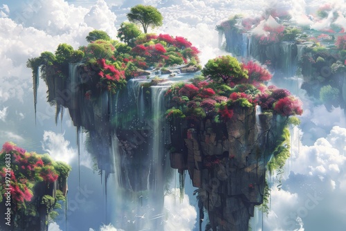 Floating islands with waterfalls and lush greenery in a cloudy sky. photo