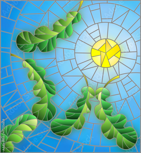 An illustration in the style of stained glass with autumn oak leaves floating on a background of blue sky and sun, rectangular image