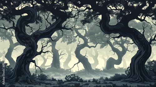 Mysterious and eerie forest with gnarled trees silhouetted against a misty background.