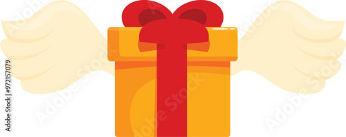 Yellow gift box with red ribbon flying with angel wings, perfect for topics like delivery, surprise and celebration