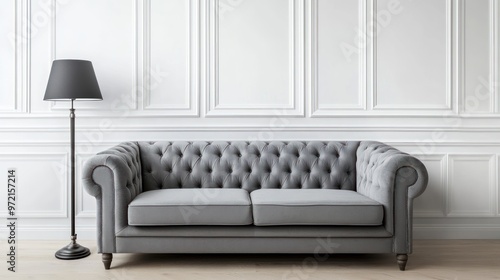 A stylish gray tufted sofa with a floor lamp against a white paneled wall.