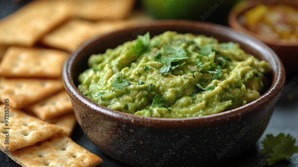 A Delicious Bowl of Fresh Guacamole Perfectly Served with Whole Grain Crackers for Healthy Snacking A Delicious Bowl of Fresh Guacamole Perfectly Served with Whole Grain Crackers for Healthy Snacking