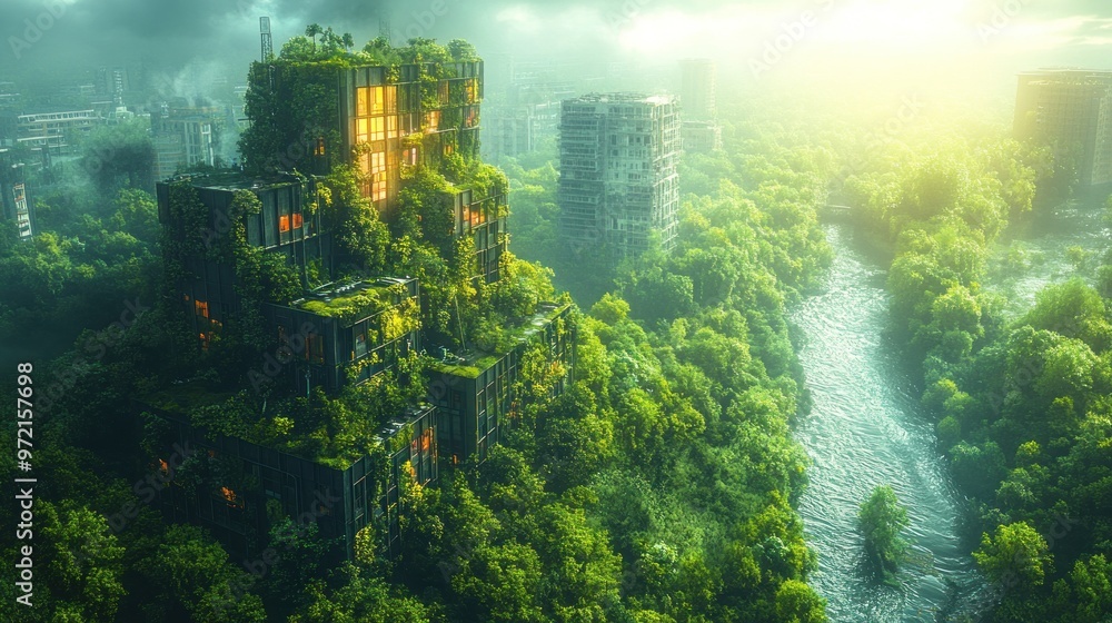 Fototapeta premium Lush greenery envelops a futuristic, abandoned building by a river.